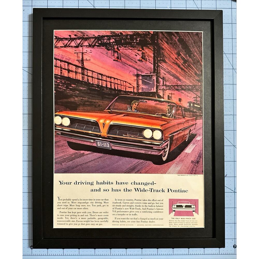 FRAMED 1961 PONTIAC Bonnevill Vista Driving Habits Changed Wide-Track Print Ad